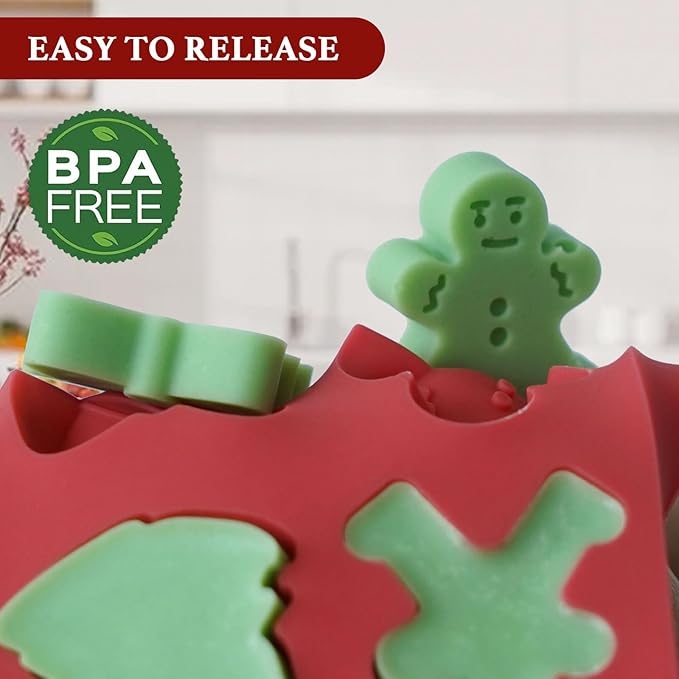 HKNMTT Mini Christmas Candy Molds, Silicone 72 Cavity Chocolate Mold, Tree Santa Snowman Stocking Bell Gingerbread Shape Gummy Making Set, Food Grade for Gifts Cookies Dog Treats