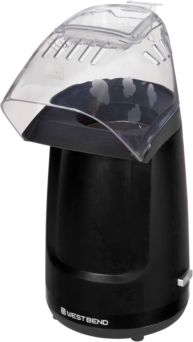 West Bend Air Crazy Hot Air Popcorn Popper Machine 4-Quart Oil-Free Popping for Healthier Snacks Dual-Purpose Measuring and Butter Cup On/Off Switch Compact Design, in Black