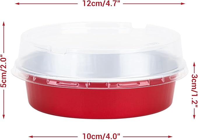 Beasea Disposable Mini Pie Tins with Lids, 20 Pack 4” 8oz Bright Red Aluminum Baking Foil Tins Small Round Tart Container for Individual Dessert Cupcake Muffin Cheesecake Ramekin Quiche Oven Dishes