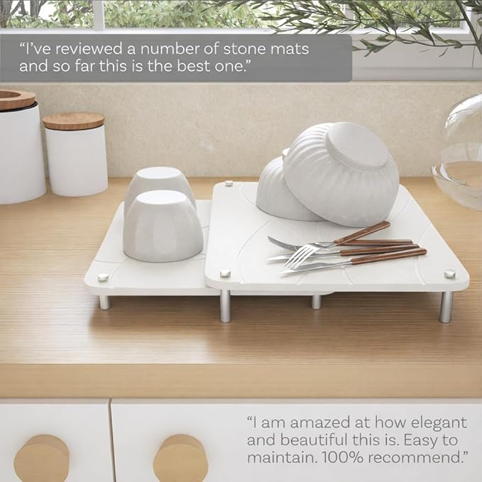 Nested Dish Drying Stone Mat with Bamboo Rack | 2 Pcs Diatomaceous Earth Stone Drying Mats for Kitchen Counter with Non-Slip Feet | Collapsible Large Drying Stone for Dishes (White)