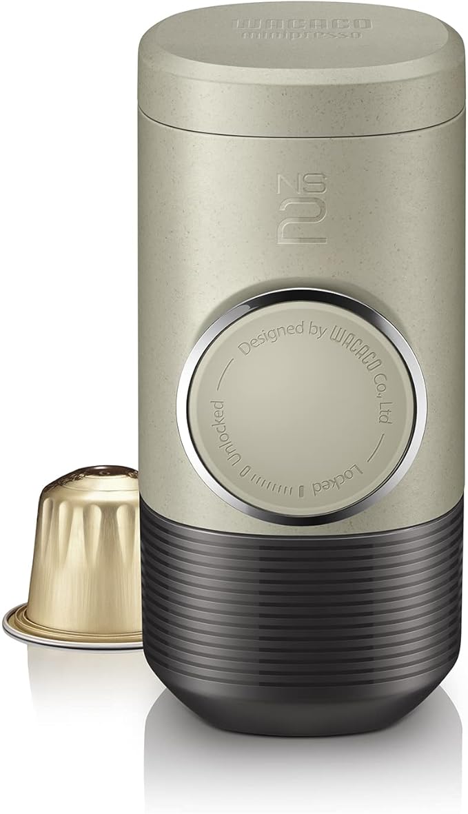 WACACO Minipresso NS2, Portable Espresso Machine, Compatible Original NS Capsules, Travel Coffee Maker, Manually Operated from Piston Action (Stone Beige)