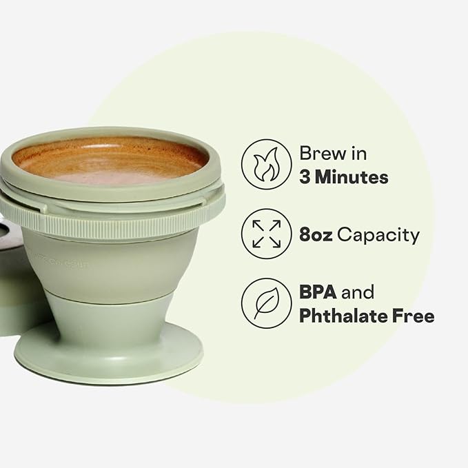 Corkcicle Coffee Palmpress - Single Serve - Portable Pour Over & French Press - Stainless Steel Filter - Collapsible - Holiday Gift - Great for Gifting Warmth - 8 oz - Sage Green