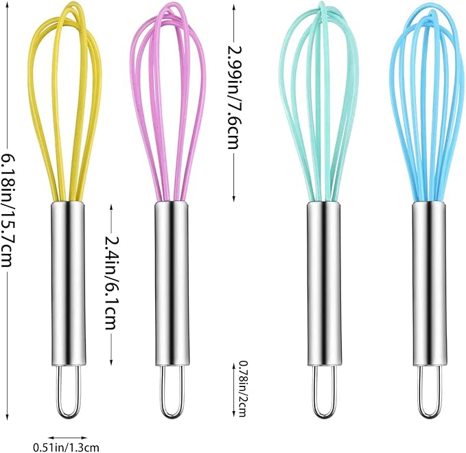 4 Pack Colorful Mini Silicone Kitchen Whisks with Stainless Steel Handles for Milk Egg Blending Stirring Whisking and Beating(4 Colors,6 Inches)