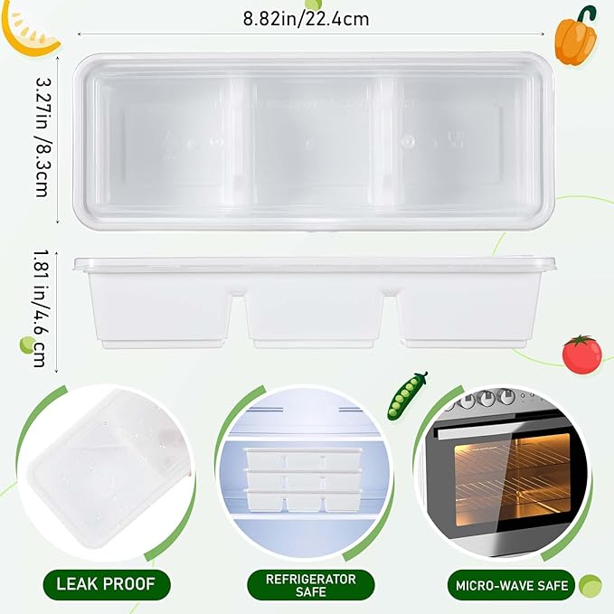 Hushee 10 Pack 17 oz Small Meal Prep Containers with 3 Compartments Snack Containers with Lid Disposable Plastic Bento Box Travel Lunch Food Boxes Stackable for Office Picnic (White)