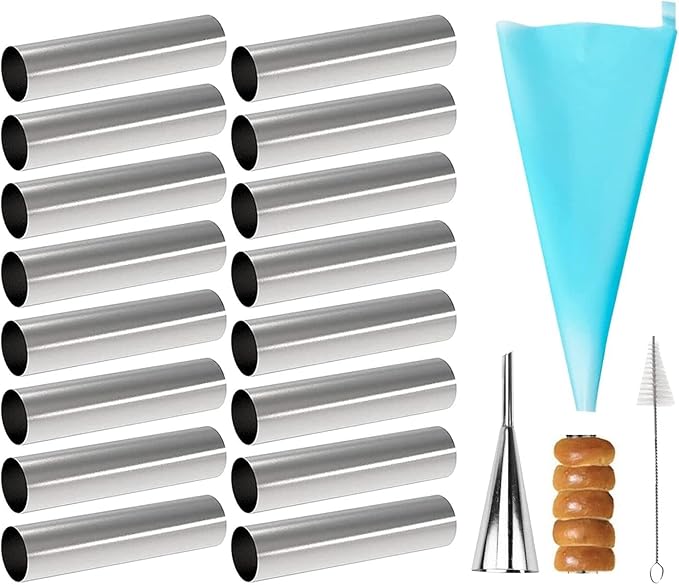 16 Pack Cannoli Tubes Stainless Steel, 5 inch Large Size Cannoli Tubes Baking Molds with Piping Bags, Long Piping Tips for Cream Horns, Cannoli Shell, Brioche Rolls, Croissant Toast