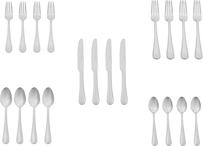Amazon Basics Silverware Set, Stainless Steel Flatware, Dishwasher Safe, Easy to Clean, Service for 4, 20-Piece Forks and Spoons, Pearled Edge