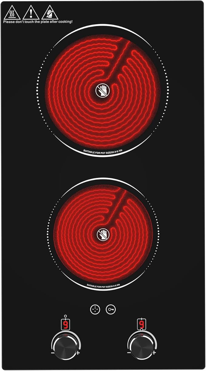 2100W Electric Cooktop 2 Burner: Electric Stove 110v-120v Hot Plate, Knob Control Countertop & Built-in Ceramic Cooktop 9 Power Levels, Child Lock, Timer, Suitable for all Pans