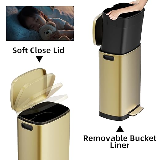 KdbK 13 Gallon Trash Can with Lid, 50L Fingerprint Proof Stainless Steel Kitchen Trash Can with Removable Inner Bucket and Lid Soft Close, Pedal Rubbish Bin for Home Office, Gold