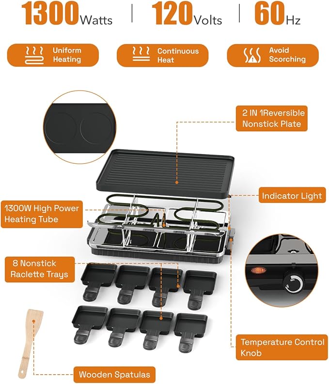 HBN Electric Raclette Table Grill with 8 Warming Trays, 2-in-1 Korean BBQ Grill & Electric Griddle Nonstick, Adjustable Temperature Control,1300W, Great for Indoor Family Gatherings, Parties & Dining