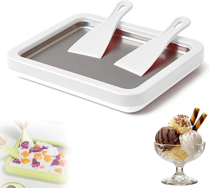At-Home Rolled Ice Cream Maker Kit, Instant Freeze Plate with 2 Scrapers, DIY Ice Cream Roll Tray for Kids & Adults, Homemade Gelato, Sorbet & Frozen Yogurt, Stainless Steel Dessert Maker (White)