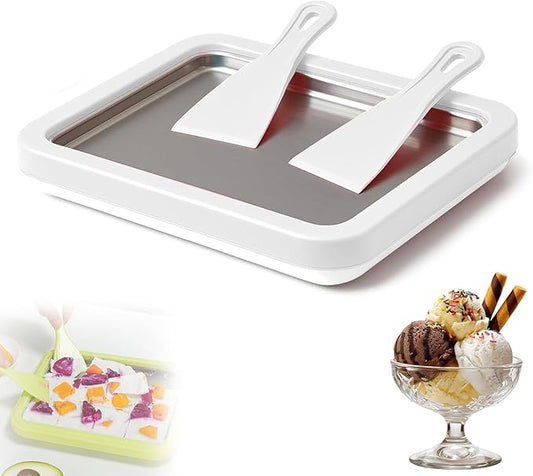 At-Home Rolled Ice Cream Maker Kit, Instant Freeze Plate with 2 Scrapers, DIY Ice Cream Roll Tray for Kids & Adults, Homemade Gelato, Sorbet & Frozen Yogurt, Stainless Steel Dessert Maker (White)