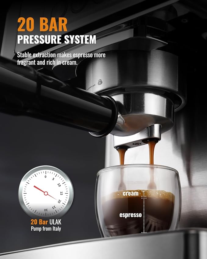 SHARDOR 20-Bar Espresso Machine for Home Barista, Espresso Coffee Maker with Temp Display, Built-In Steam Wand for Latte & Cappuccino, Stainless Steel, 1350W, 60oz Water Reservoir