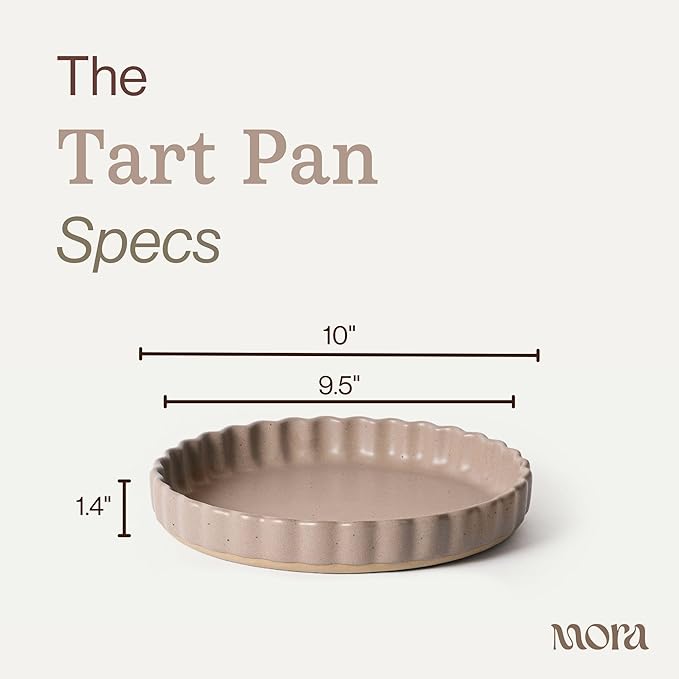 MORA Ceramic Tart Pan, 9.5 Inch Large Porcelain Baking Dish for Tarts, Quiche, Pie, Flan etc. Fluted Ruffled Edge, Oven, Microwave, Freezer, and Dishwasher safe - Great Gift For Bakers - Mushroom