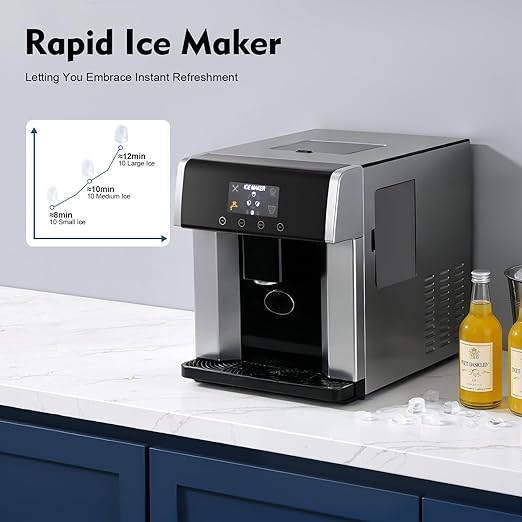 2-in-1 Ice Maker & Water Dispenser, 3 Ice Sizes in 8-12 Mins, Countertop Ice Maker Built-in Water Dispenser, Stainless Steel Ice Machine with Ice Scoop for Kitchen, Office, Party