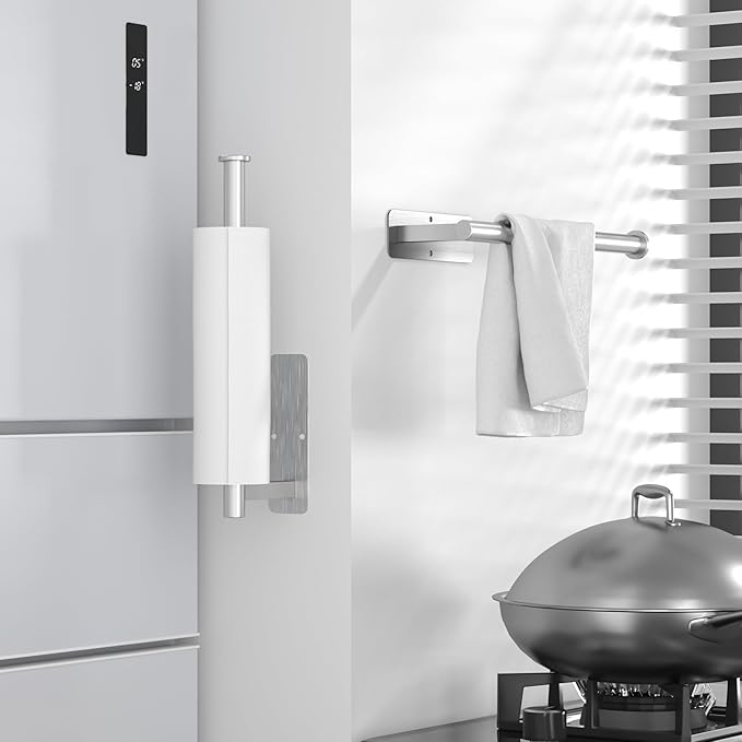 ASTOFLI Paper Towel Holder Under Cabinet No Drilling, Self Adhesive Paper Towel Holder Wall Mount for Kitchen Rack, Under Counter Napin Holder No Drill, RV, 304 Stainless Steel, Silver