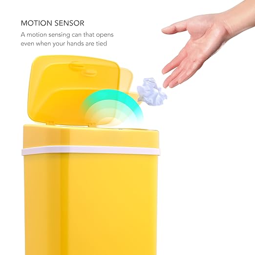 Touchless Motion Sensor Trash Can with Sealing Lid Automatic Soft Close Silent Bathroom Kitchen Office Waste Bin Narrow Rectangular ABS Hands Free Smart Home Garbage Container (Yellow)