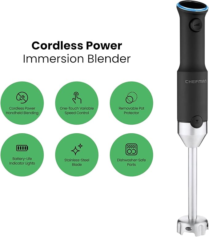 Chefman Cordless Power Portable Immersion Blender, Ice Crushing Power with One-Touch Speed Control, USB Charging, Quickly Mixes Smoothies, Purees Soups, Dips, Sauces, Storage Case, Stainless Steel