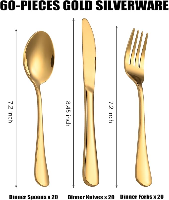 60 Piece Gold Silverware Set - Service for 20, Stainless Steel Flatware Cutlery Set Include Knife Spoon Fork, Mirror Polished Gold Utensils for Wedding, Restaurant, Home, Dishwasher Safe