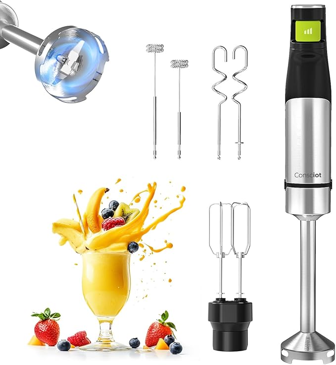 Consciot 4 in 1 Immersion Hand Blender Max 1100W, Corded Stick Emulsifier with Entire Stainless Steel Blender Shaft, Trigger Speed Control, For Blending, Beating, Frothing, Mixing & More, Non-BPA