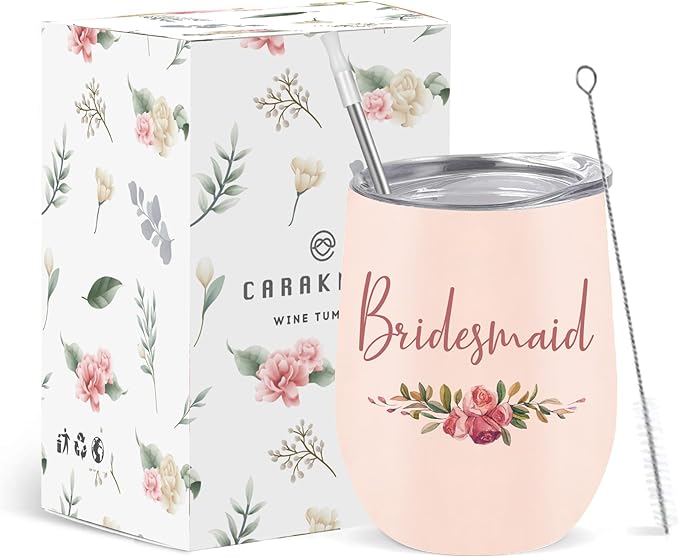 CARAKNOTS Bridesmaid Gifts Bridesmaid Proposal Gifts Wedding Tumbler for Engagement Bachelorette Party Cups Pink Stainless Steel Wine Tumbler with Lid and Straw 12 oz