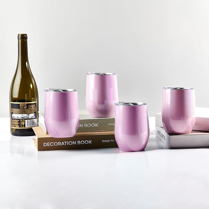 BetterSub 8 Pack 12oz Glitter Pink Wine Tumblers - Double Wall Insulated Sublimation Blanks, Stainless Steel Cups With Lid, Metal Straw, Brush, Display Box (Glitter Pink)