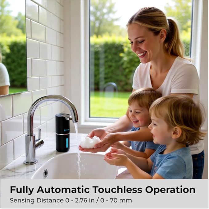 Automatic Touchless Foam Soap Dispenser (Black, 12.8oz) | USB-C Rechargeable, Infrared Sensor, IPX5 Waterproof for Bathroom, Sinks, Kitchen | Wall Mount or Countertop for Hand Soap