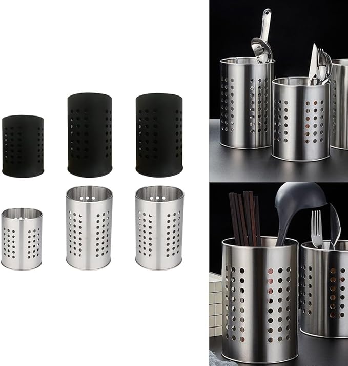 FABULETTA Stainless Steel Utensil Holder for Kitchen Countertop, Cutlery Drainer Rack with Drain Hole, Rust-Resistant Vertical Organizer Stand for Spoons and(Silver Medium)