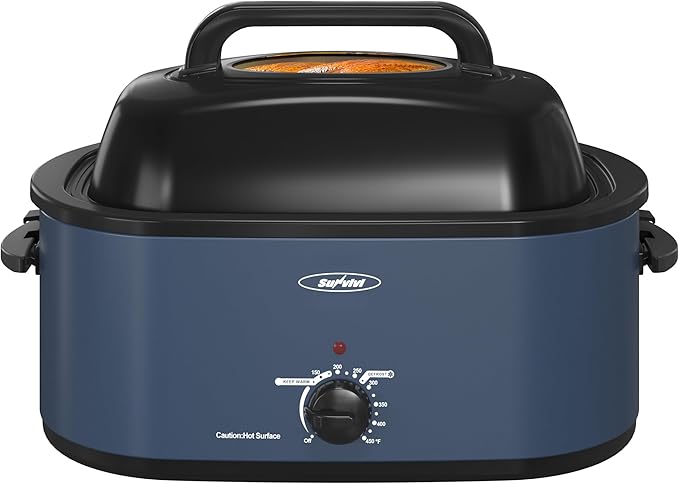Sunvivi Roaster Oven, Electric Roaster Oven with Viewing Lid, 28lb 24-Quart Turkey Roaster with Unique Defrost/Warm Function, Large Roaster with Removable Pan & Rack, Stainless Steel, Blue