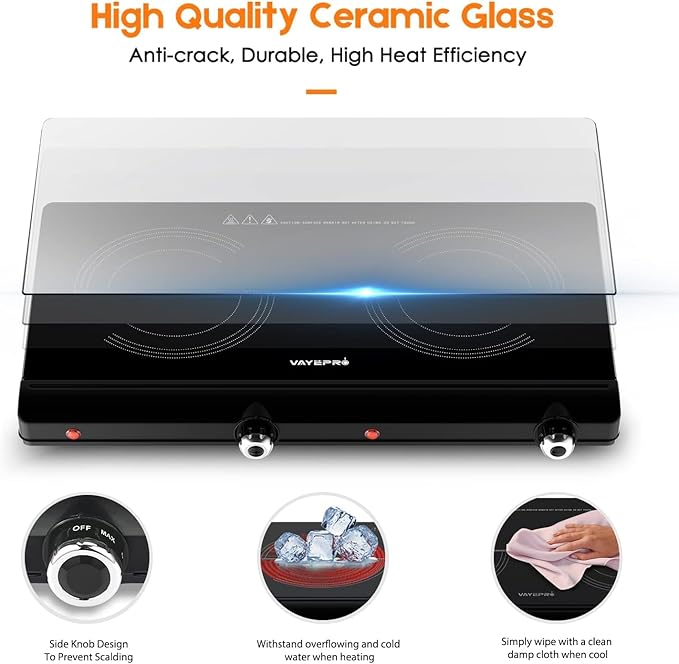 Infrared Double Burner Electric Cooktop - 1800W Portable Stove, Heat-up In Seconds, Countertop Cooktop for Dorm, Compatible with All Cookware