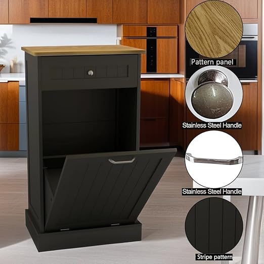 RASOO Tilt Out Trash Cabinet Wooden Freestanding Dog Proof Single Door 10 Gallons with Drawer Trash Can Cabinet