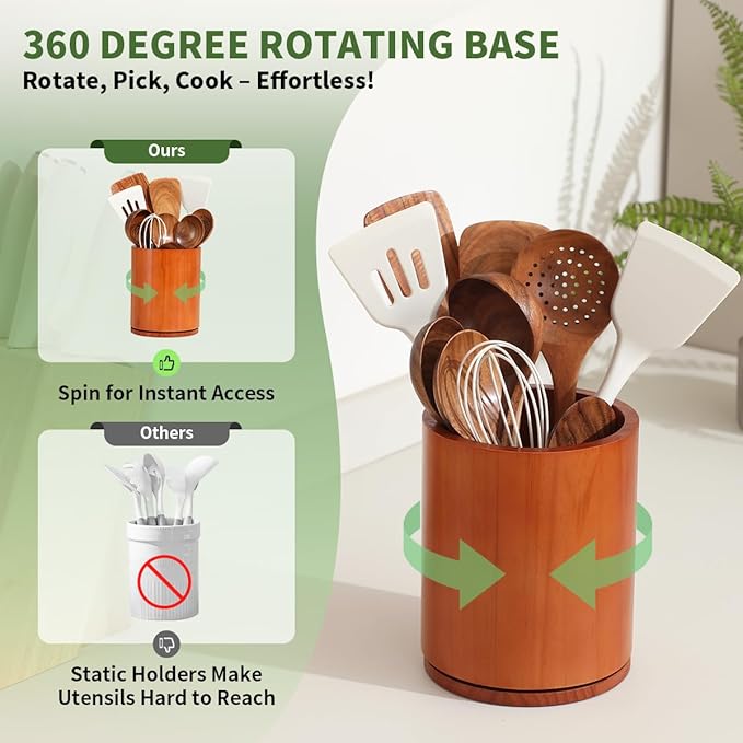 Wooden Utensil Holder, 360°Rotating 7.3'' Large Utensil Holder for Kitchen Counter, Kitchen Utensil Organizer, Utensil Crock, Farmhouse Kitchens Countertop Decor, Cherry-finish