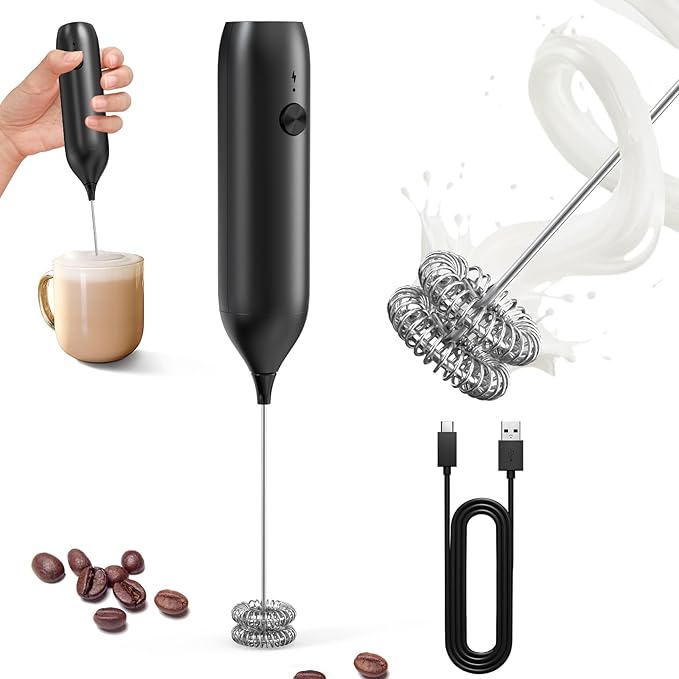 CIRCLE JOY Rechargeable Milk Frother Handheld, Coffee Frother Wand Drink Mixer with Stainless Steel Whisk for Coffee, Cappuccino, Lattes, Frappe, Matcha and Hot Chocolate, Black