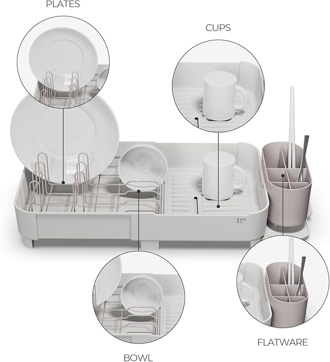 Zuutii Dish Drying Rack with Drainboard,Expandable(17.5-25.4") Large Dish Rack,Sink Dish Drainer with Utensil Holder,Dish Rack for Kitchen Counter