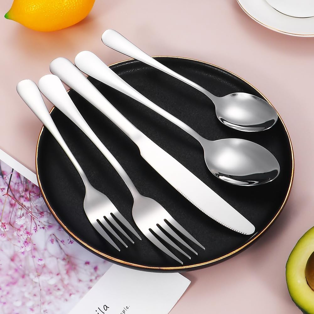 Silverware Set 20 Piece Stainless Steel Flatware Set Silverware Utensils for 4 People Includes Forks Knives Spoons & Salad Forks Dishwasher Safe Durable Tableware for Home Restaurant or Outdoor Use