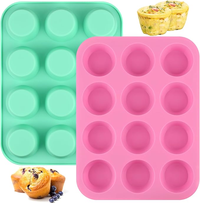 Sakolla 2 Pack Silicone Muffin Pan, Nonsticks 12 Cups Standard Cupcake Pans, Silicone Molds for Baking Muffin, Egg Bite, Cupcakes, Tart and Quiche (Pink & Green)