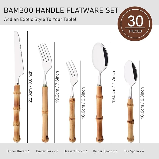30PCS Silverware Set for 6, Bamboo Handle Flatware Set, Stainless Steel Cutlery Set for Home Restaurant and Party, Bamboo Forks Spoons and Knives Set, Polished Tableware