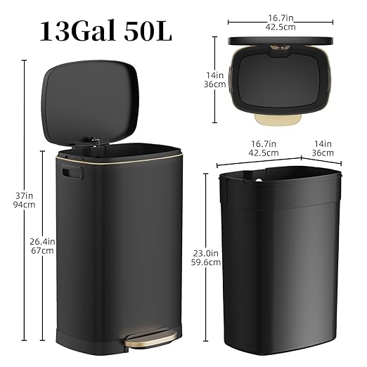 KdbK 13 Gallon Trash Can with Lid, 50L Fingerprint Proof Stainless Steel Kitchen Trash Can with Removable Inner Bucket and Lid Soft Close, Pedal Rubbish Bin for Home Office, Black