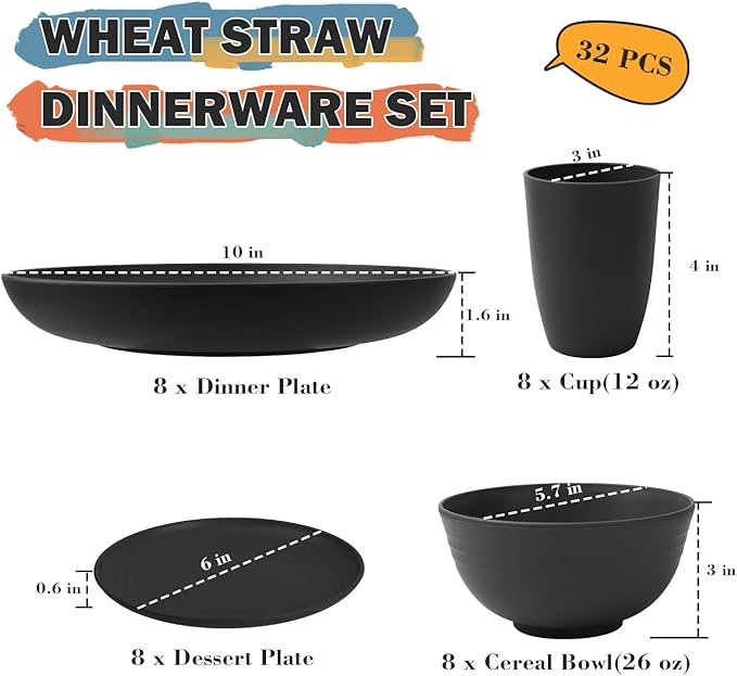 Wheat Straw Dinnerware Sets for 8, 32 PCS Unbreakable Plates and Bowls Sets, Reusable Dinnerware Set for Kitchen Outdoor and Apartment Dinning Essentials - Black
