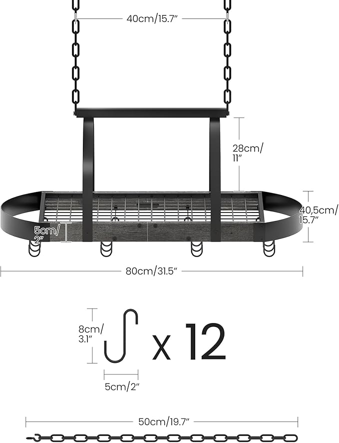 CHOEZON Hanging Pot Rack, Pot Hanger for Kitchen, Ceiling Mounted Pot Holder, Cookware Organizer with 12 S-Shaped Hooks, for Pot, Pan Storage, Space-Saving, Charcoal Black and Black TPR08BCC1