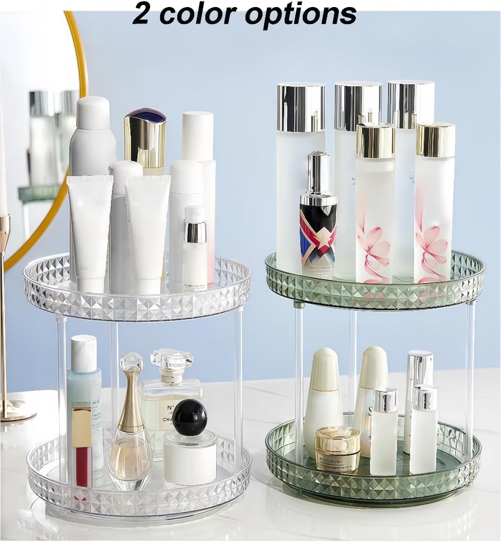 2 Tier Diamond Lazy Susan Bathroom Organizer Countertop, 9.25Inch Clear 360 Rotating Makeup Organizer for Cabinet, Kitchen, Pantry, Countertop, Bathroom, Skincare Perfume Organizer and Storage
