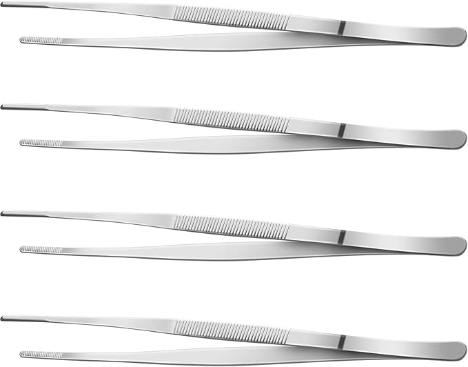 Yaomiao 4 Packs 12 Inch Bar Tweezers Silver Cocktail Tongs Long Garnish Tweezers Stainless Steel Bartender Kitchen Cooking Tongs for Cocktail Food Fruit Korean BBQ Bartender Chef, Multi-use