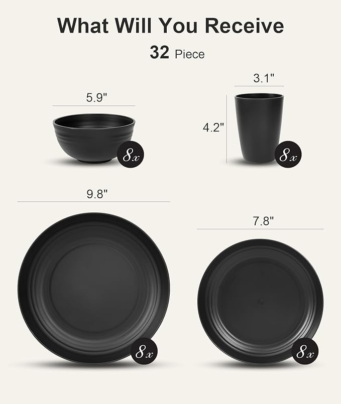 Quatish 32 Piece Plates and Bowls Sets for 8, Unbreakable Dinnerware Sets, Dish Set for Camping, Dishwasher Microwave Safe, Outdoor Kitchen and Apartment Dinning RV Essentials, Black