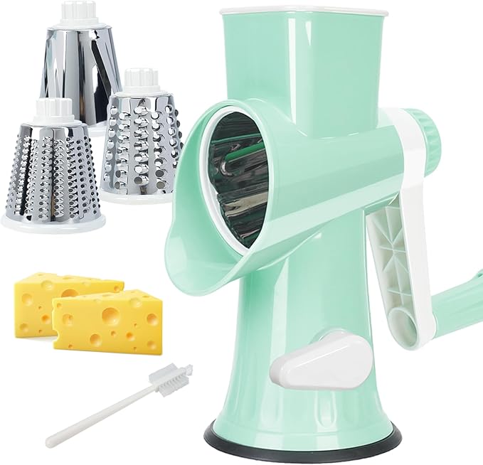Cheese Grater MultiFunction Rotary Cheese Grater Hand Crank – Cheese Shredder Effortlessly Shred,Slice,Chop.Applicable to Cheese, Vegetables,Fruits,Nuts,Non-Slip Suction Base,Easy to Clean (green)