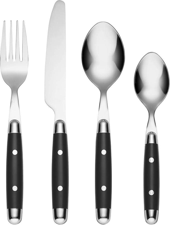 Cambridge Silverware Set, Jubilee Black 16-Piece Flatware Set, Service For 4, 18/0 Stainless Steel, Dishwasher Safe, Knives Spoons And Forks Set, Home And Kitchen Utensils(Black/Silver, 16 Pieces)