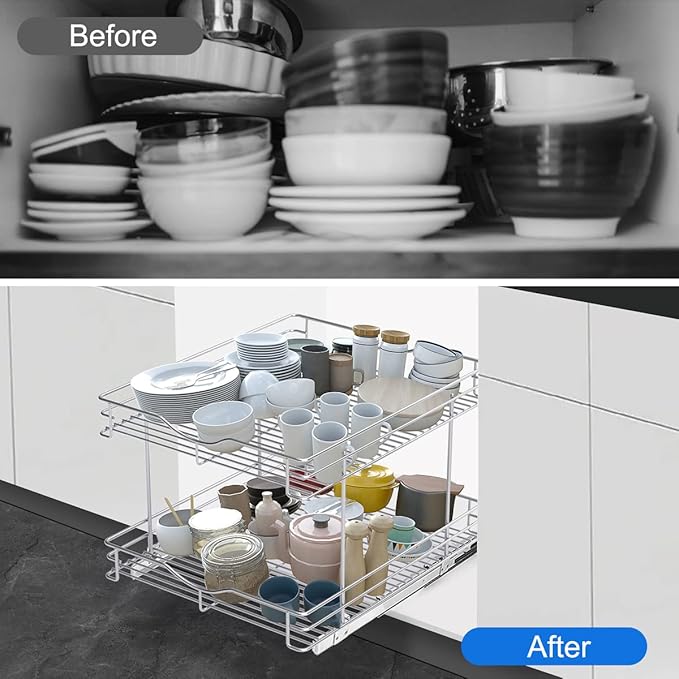 FULGENTE Chrome Finish Pull Out Drawer Cabinet Organizer 2 Tier (17" W * 21" D*15.12''H) Professional Sliding Pantry Shelves Under Kitchen Bathroom Sink Wire Drawer Storage Roll Out Shelf Basket