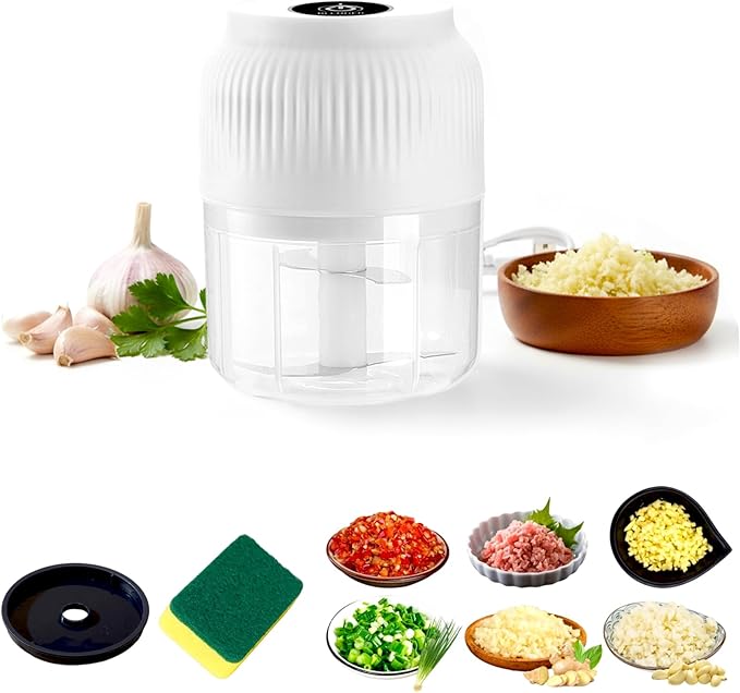 2026 Upgraded Household Electric Garlic Crusher, Capacity Electric Garlic Chopper, Mini Portable Veggie Cutter, 4 Sharp Stainless Steel Blades Mini Electric Food Chopper, Easy to Clean (White)
