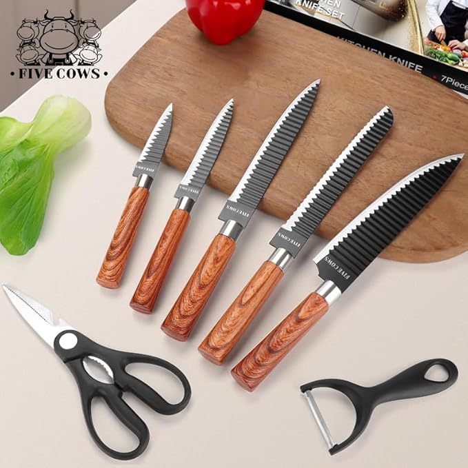 7-Piece Ultra Sharp Chef Knife Set - Premium German High Carbon Stainless Steel, Ergonomic Wood Pattern Handle, Professional Kitchen Knives with Gift Box (Brown 7 Piece)