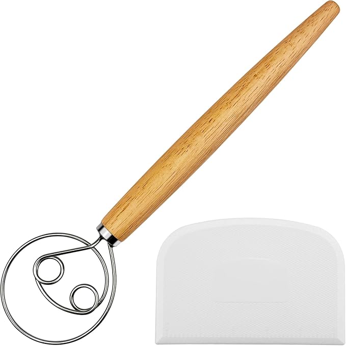 CAMKYDE 13-Inch Danish Dough Whisk and Scraper, Wooden Danish Whisks for Dough with 18/8 Stainless Steel Dough Hook, Sturdiness Dutch Bread Whisk for Sourdough, Pizza, Pastry, Cake Batter