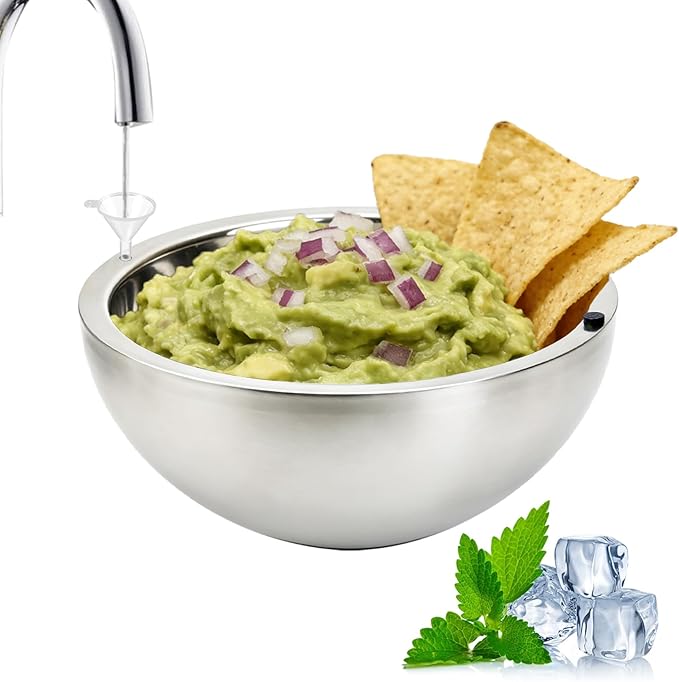 Dip Chiller Bowl 1 Pack- 70 OZ Large Capacity, Frozen Ice Stainless Steel Insulated Party Serving Bowl, Salad Pod for Parties Salsa, Guacamole, Condiments, Sauces, Keeps Food Hot or Cold (1)