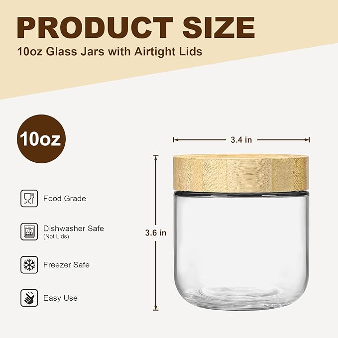6 Pack 10oz Glass Jars with Bamboo Lids, Overnight Oats Containers with Airtight Lids, Storage Containers Wide Mouth Mason jars for Salad,Yogurt, Sugar, Snacks, Spices